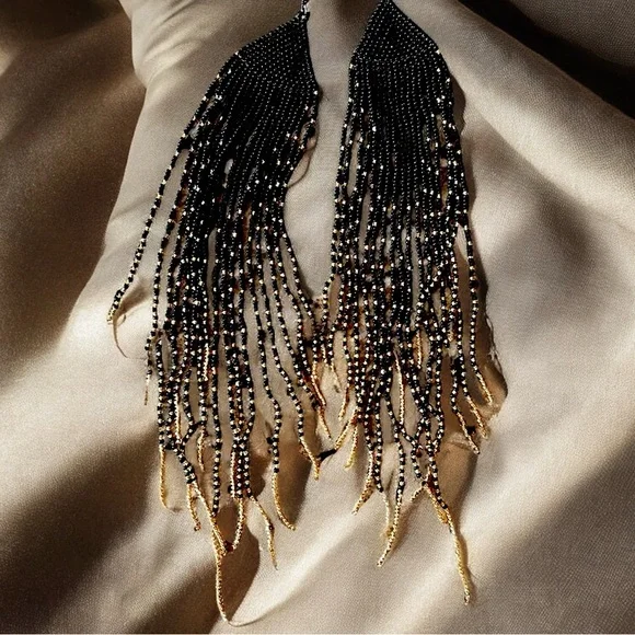 Dramatic Black and Gold Hand Beaded Cascade Earrings - Picture 6 of 16